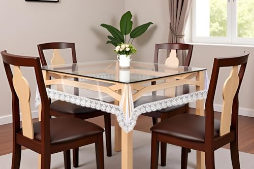 Image of The Furnishing Tree Square Shaped 4 Seater Transparent Table Cover Size 54x54 inches 0.25 mm Thickness with White Lace