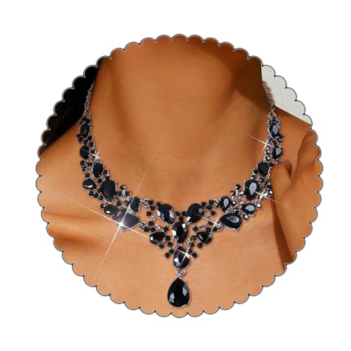 Image of EARENT Rhinestone Bridal Jewelry Sets Diamond Prom Necklace and Earring for Women (A-Black-Necklace&Earrings)