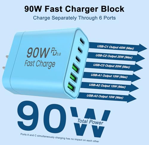 Image of 90W GaN USB C Charger Block [3 Pack],6-Port USB C Wall Charger Fast Charging 45W PD Power Adapter for MacBook Air /iPad Pro /iPhone 17Pro Max /Samsung Galaxy S24 Ultra /Tabs for Home Travel