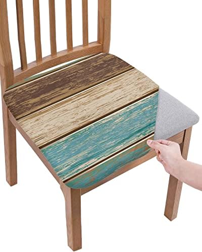 Scominoc Teal Seat Covers for Dining Room Chairs Set of 4, Teal and Brown Stretchy Dining Chair Cushion Covers, Removable Washable Furniture Protector Rustic Turquoise Wood Grain Slipcovers for Office