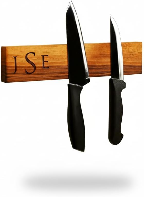Custom Engraved Natural Wood Knife Holder for Wall – Personalized Magnetic Strip with Family Name – Rustic Style Kitchen Decor Gift for Wedding or First Home