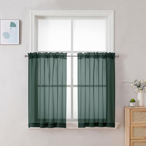 Image of Chyhomenyc Hunter Green Sheer Curtains 36 inch Length 2 Panels, Light Filtering Voile Rod Pocket Short Window Curtians for Bathroom Living Room Farmhouse Small Windows, 42Wx36L inches
