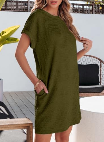 Image of EVALESS Womens Summer Dresses 2026 Fashion Short Sleeve Cute Spring Mini Dress Crewneck Casual Beach Vacation Dresses