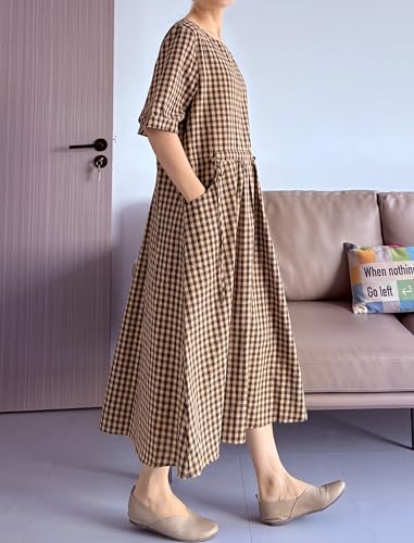 Minibee Women's Cotton Linen Dress Summer Short Sleeve Casual Plaid Flowy A-Line Midi Dresses with Pockets3