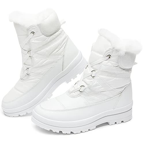 BABUDOG Womens Warm Fur Lined Mid-Calf Boots Waterproof Winter Snow Boots Non-slip Lace up Combat Boots