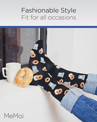 MeMoi Bagel Shop Men's Socks, Rayon Blend Mens Crew Socks, Ultra Soft Knit Fabric - Sizes 10-13, Black, 10-134