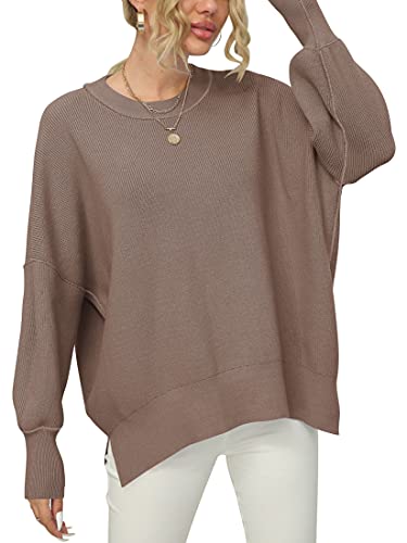 LOGENE Women's Oversized Batwing Long Sleeve Crewneck Side Slit Ribbed Knit Pullover Sweater Tops3