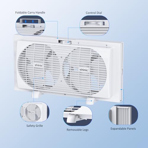 Image of shinic 9 inch Dual Window Fan with Manual Reversible Airflow, 2-Speeds Twin Fans, Expandable Panels (22 inch-33 inch), Built-in Handle & Removable Feet, Ideal for Home, Kitchen, Bedroom, Office Ventilation