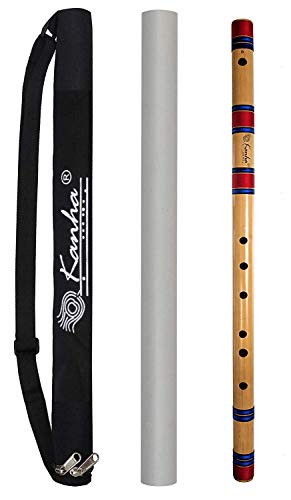 Image of Kanha Flutes D Scale Natural Base Assam Bamboo Flute Musical Instrument Size 33 Inch Bansuri Right Handed with Flute Cover
