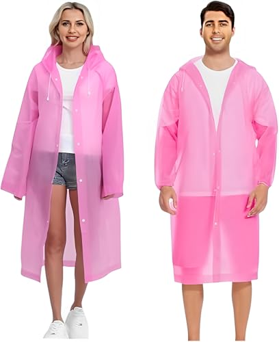 JITIFAZH Wasserdichter Regenponcho, 2 Stück,leichter, wiederverwendbarer Regenmantel mit Kapuze, tragbarer Notfall-Poncho für Erwachsene, Familie, Wandern, Radfahren, Camping(Rosa+Rosa)