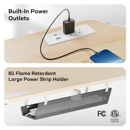 Image of HUANUO 63″ L-Shaped Standing Desk, Built-in Power Outlets, Electric Height Adjustable Corner Computer Desk, Large Power Strip Holder, Sit Stand Up Desk with 3 Preset Heights, Natural Wood