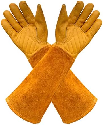 Gardens Leather Gardening Gloves for Women and Men | Thorn and Cut Proof Garden Work Gloves with Long Heavy Duty Gauntlet | Suitable For Thorny Bushes Cacti Rose (Large, Yellow)