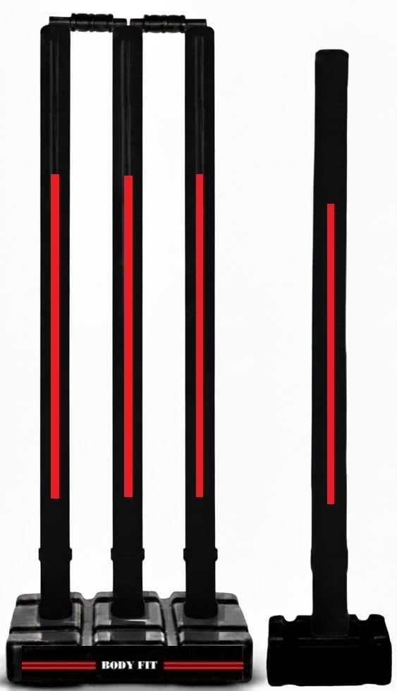 Bodyfit Premium Cricket Stumps | Plastic Wickets Set with 4 Stumps + 2 Bails + 2 Stands | Full Size Wickets for Cricket Ground, Tournament Wicket,Black with Red Accents.-image-12