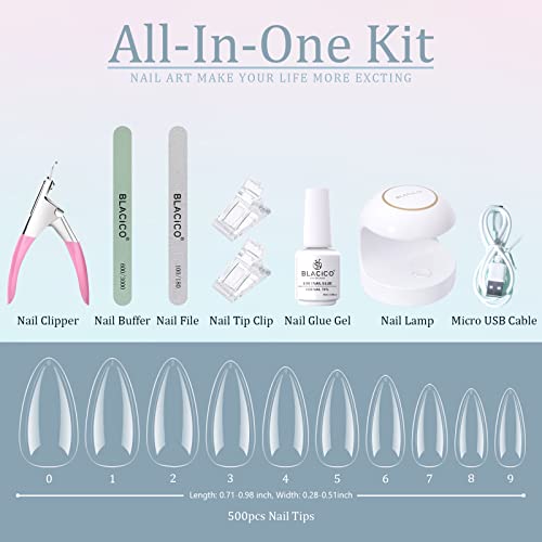 Blacico Nail Tips And Glue Gel Nail Kit, 500Pcs Gel Nail Tips With 5 In1 Gel Nail Glue And Uv/Led Nail Lamp, Nail Art Tools Almond Acrylic Nail Kit Easy Diy Extension Set Gift For Women #TOP1
