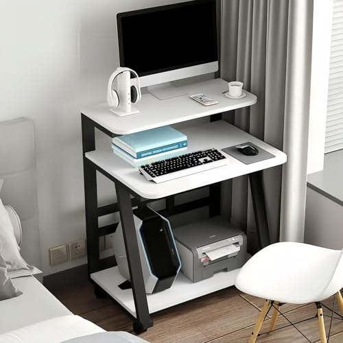 XLXYKMOZ Modern Compact Computer Desk, Study Table with Three Layers of Storage, Space-Saving Rolling Desk for Home Offices, bedrooms, Dorm Rooms and Small Spaces, Dimensions 75x55x83 cm