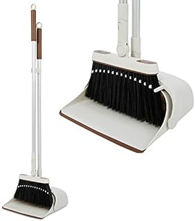 Jekayla Dustpan and Brush Set, Broom and Dust pan with Extendable Long Handle, Upright and Lightweight Household Cleaning Combo for Home Kitchen Room Office Lobby, Brown and White