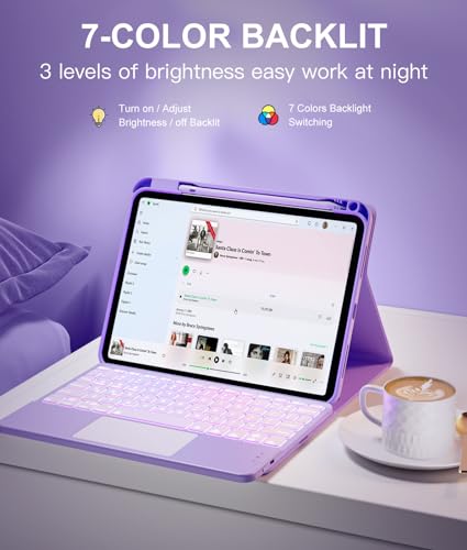 Image of Harvopu Compatible for iPad 11th 10th Generation Case with Keyboard, Folio Cover with Pencil Holder, Multi-Touch Trackpad, 7 Color Backlit, Detachable Keyboard for iPad (A16) 11th /10th Gen (Purple)