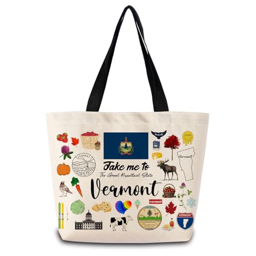 Take Me To Vermont Tote Bag Reusable Grocery Bags Aesthetic Shopping Shoulder Handbag with Interior Pocket Lightweight & Washable Stylish Vermont Travel Present for Women