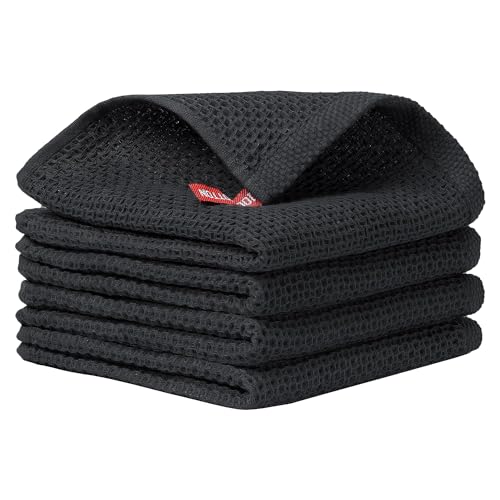 Image of Cotton Kitchen Dish Cloths, 4 Pack Super Absorbent and Lint Free Waffle Weave Dish Towels, Fast Drying Dish Rags for Washing Dishes, 13.4 X 13.4 Inch, (Black, Pack of 4)