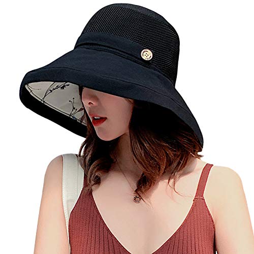 Women Mesh Sun Hats Summer Beach Uv Protection Upf Packable Wide Brim Chin Strap (Black) #TOP4