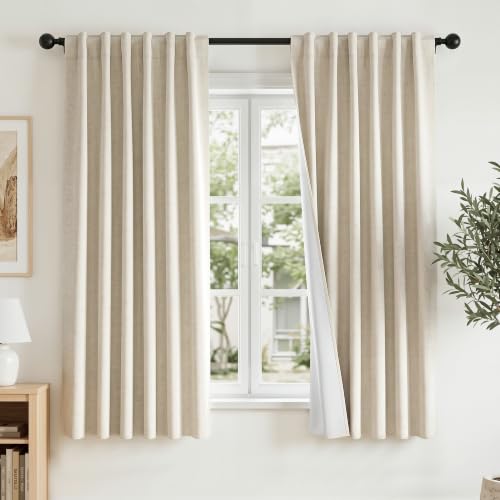 RYB HOME Cream Linen Blackout Curtains 63 Inches Long for Bedroom/Nursery