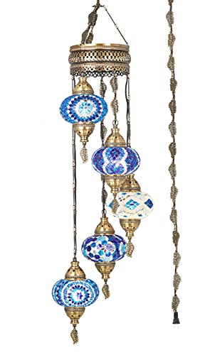 Demmex Swag Plug In Light, Turkish Moroccan Colorful Mosaic Wall Plug In Ceiling Hanging Light Chandelier Lighting With 15Feet Chain Cord & Plug, 5 Big Shades (Blue) #TOP1