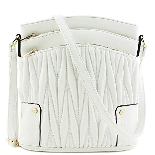 Triple Zip Pocket Large Crossbody Bag (Quilted White)