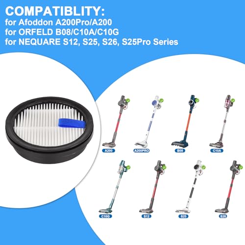 Filter Replacement for Afoddon A200Pro A200 upright vacuum, 4 HEPA Filters + 6 Foam Pre-filters for Orfeld B08 / C10A / C10G Part for NEQUARE S12 S25 S26 Series Cordless Vacuum Cleaner