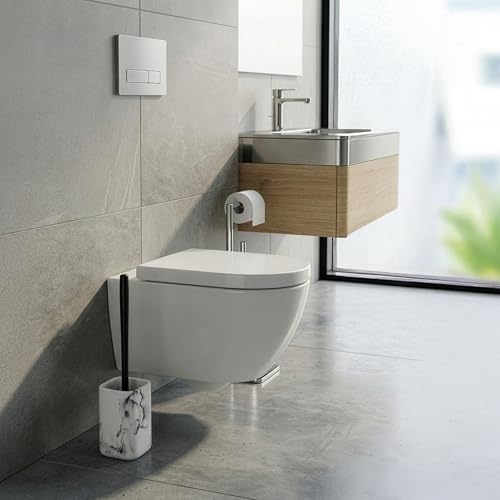 Image of Vigar Zense Toilet Brush and Holder Set, Polyresin Stone, White Marble | Toilet Bowl Brush and Holder, Compact Toilet Cleaner Brush for Bathroom Decor and Toilet Accessories Set