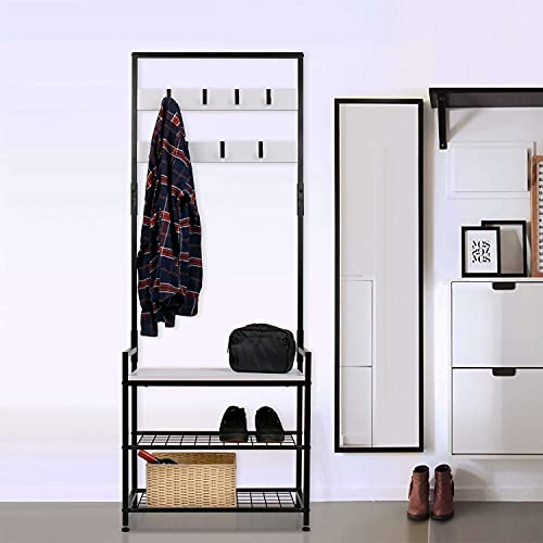 Homekoko Entryway Hall Tree Storage Shelf, Coat Rack Shoe Bench, Wood Look Accent Furniture With Metal Frame, 3 In 1 Design #TOP5