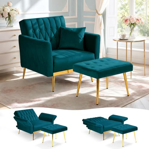 ACMEASE Velvet Accent Chair w/Ottoman & Adjustable Backrest,Teal