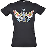 Küstenluder Damen Oberteil Anker Schwalben Rockabilly Shirt Schwarz S