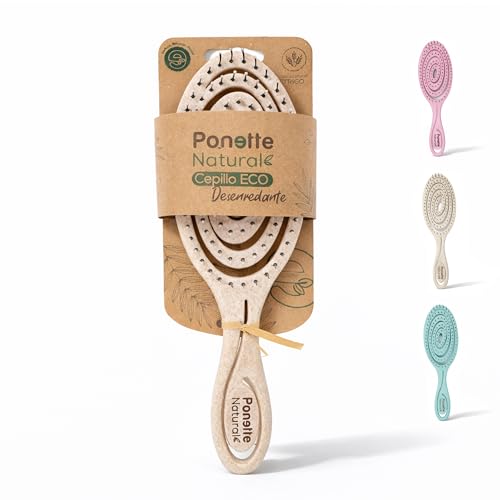 PONETTE NATURAL - Cepillo de Pelo ECO Masajeador Ecológico Beige Desenredante Antitirones, Fabricado con Fibra Natural de Trigo, 100% Reciclable, Marca Española