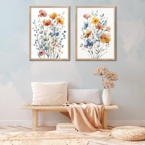 Image of Framed Colorful Flowers Canvas Wall Art for Bathroom Decor, Blue Floral Print, Yellow Orange Flowers Artwork Pictures Poster for Bedroom Living Room Office Decoration 12 inchx16 inchx2 Panels