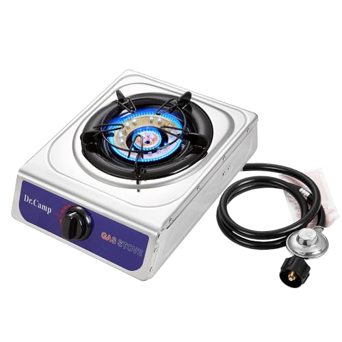 Dr.Camp 12000 BTU Single Auto Ignition Camping Garden Outdoor Camp Garden Hiking Fishing Propane Stove Cooker Griddle, Include CSA listed regulator and gas hose