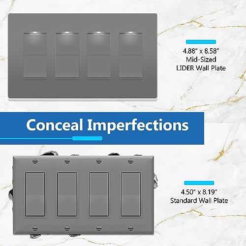 Image of LIDER Decorator Switch Cover, Screwless Wall Plate, Mid-Size 4-Gang 4.88 inch x 8.58 inch, LSWP-34M-GY, UL Listed, Thermoplastic, Matte Gray, 1-Pack