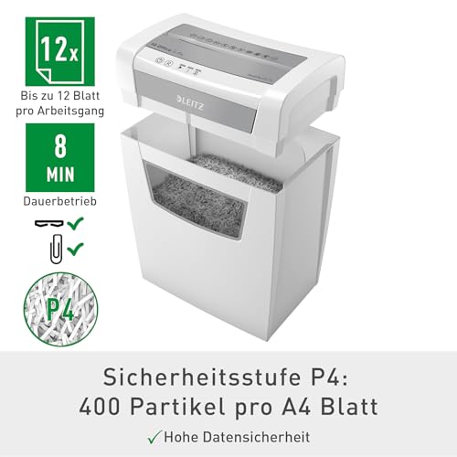 Leitz IQ Aktenvernichter Office S, 14-12 Blatt Kapazität (70-80 g/m²), TÜV+GS zertifiziert, Partikelschnitt, Sicherheitsstufe P4, Besonders leise, 23L Behälter, Schredder für Büro, Weiß, 80990000