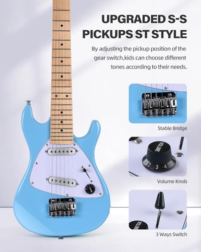Image of Winzz 30 Inch Kids Electric Guitar Beginner Kit, Junior 1 /4 Size Mini Electric Guitar for Children Complete Stater Set with Amp, Gloosy Blue Colour