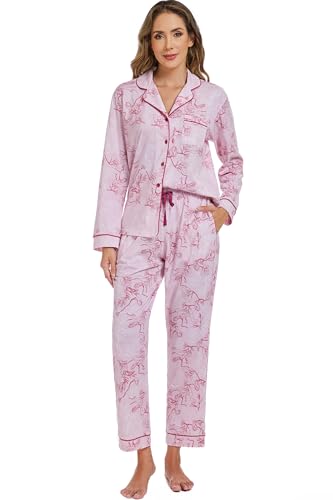 Image of LUBOT 100% Cotton Pajamas for Women Pajama Set 2 Piece PJ Sleepwear Set Soft Ladies Button Knit Long Sleeve Loungewear XS-XXL