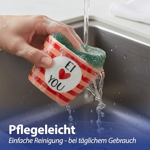 Foto von Cepewa Eierbecher 6er Set 6 Motive | Steingut bunt 5x4cm | Geschirr Becher für Eier | Gute Laune Sprüche | Eierhalter für Frühstückstisch Geschenkidee