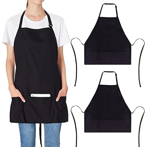 Jubatus 2 Pack 3 Pockets 100% Cotton Adjustable Bib Apron Chef Kitchen Cooking Aprons for Women Men, Black Cover