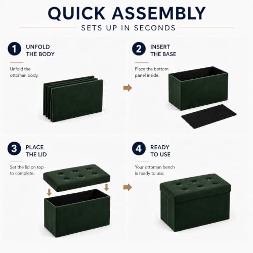 Image of ALASDO 30 Inch Folding Storage Ottoman Bench with Hidden Storage, Velvet Storage Ottoman Foot Rest Stool, End of Bed Bench for Bedroom, Living Room, Entryway and Closet, Dark Green