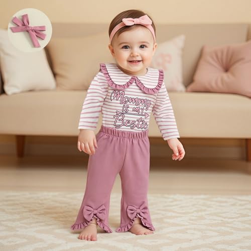 Baby Girl Clothes Mommy is My Bestie Long Sleeve Romper Shirt Flare Pants Cute Fall Winter Outfits+Headband3