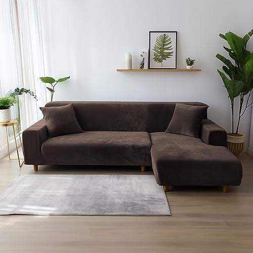 NAKIHOUSE Dicke Samt Sofa Überwürfe Sofabezug mit einem Kissenbezug, Superweicher Elastische Sofa Abdeckung in Kaffee Farbe für 1/2/3/4 Sitzer（L-förmiges Ecksofa erfordert Zwei）
