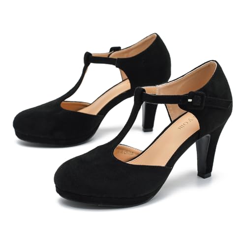 Women's Pumps Close Toe Kitten Heels Retro T Strap Mary Jane Comfortable Office Work Dress Shoes Black Velvet-42US 92