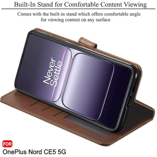 Image of TheGiftKart Genuine Leather Finish Flip Back Cover Case for OnePlus Nord CE 5 5G | Inbuilt Pockets & Stand | Wallet Style | Designer Button | Flip Back Cover for OnePlus Nord CE5 (Faux Leather, Brown)