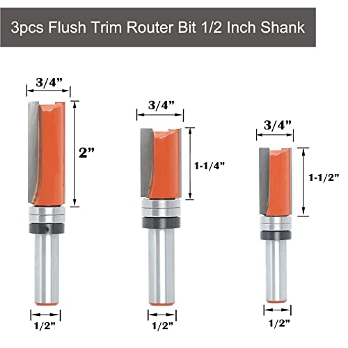 Sinoprotools 3pcs Flush Trim Router Bit Set 1/2 inch Shank, Cut Dia: 3/4", Cutting Length 1-1/4",1-1/2" , 2" - Image 3