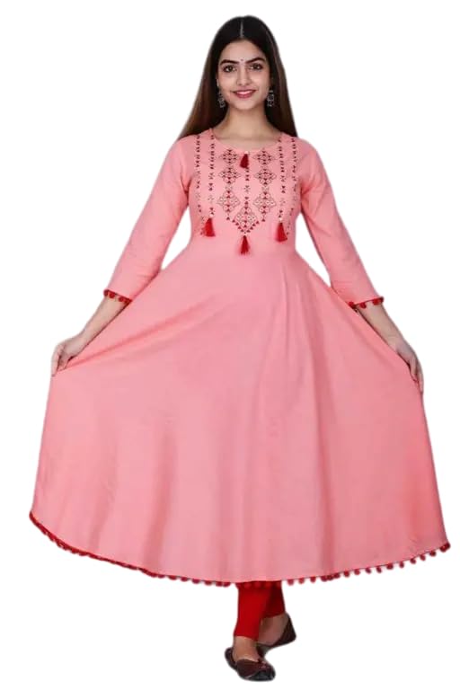 Raj Fashion Women's 3/4th Sleeves Round Neck Rayon Solid Tassel & Pompom Detailing Hem Maxi Length Gown Peach-image-3