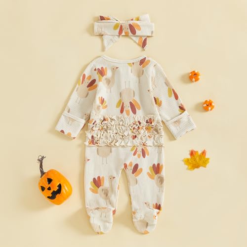 Userdefined Newborn Baby Girl Thanksgiving Halloween Outfit Ruffle Butt Romper Turkey Onesie Footie Fall Winter Clothes 6