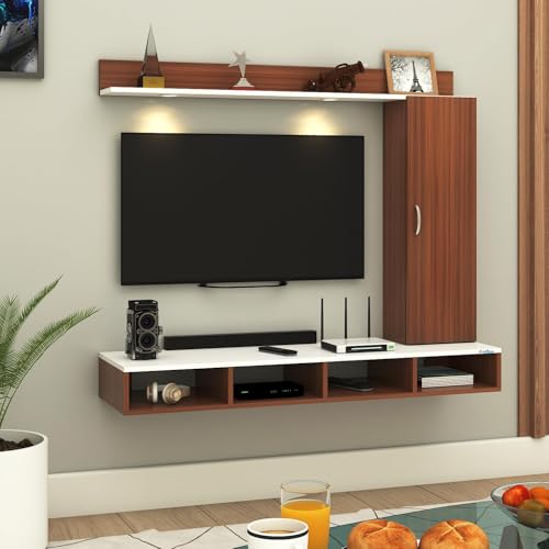 Image of Anikaa Dorex Engineered Wood Wall Mounted TV Unit with LED Lights, Storage Cabinet & Display Shelf for Living Room | Ideal for Upto 55 Inch TV- Walnut /White(DIY Installation)